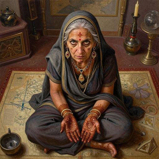 Photorealistic digital painting of an elderly Indian woman in a navy sari, adorned with gold jewelry and henna, sitting cross-legged on an ancient