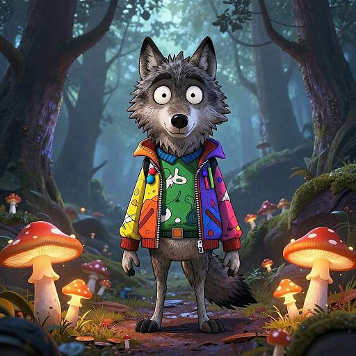 Digital illustration of a wide-eyed, cartoon wolf in a colorful, patterned hoodie standing in a mystical forest with glowing mushrooms.