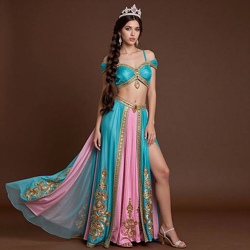 Regal Woman in Turquoise and Pink Dress