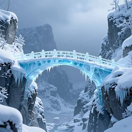 Photograph of a glowing, icy blue bridge arching between snow-covered, jagged cliffs with icicles and a misty, mountainous background.