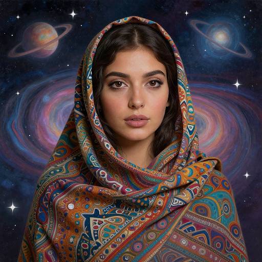 Photograph-style digital artwork of a young woman with dark hair, wearing a colorful, patterned headscarf, set against a cosmic background with planets