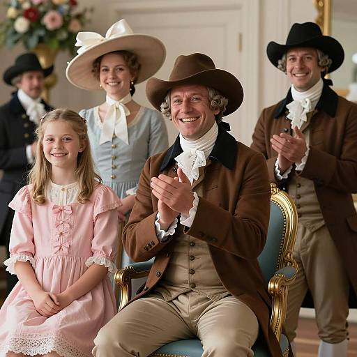 Group in 18th Century Historical Clothing Smiling and Clapping