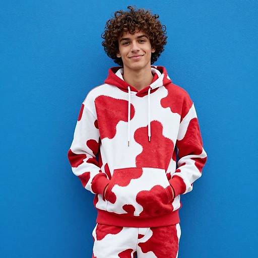 Photograph of a smiling young man with curly brown hair, wearing a red and white cow print hoodie and pants, standing against a bright blue wall.