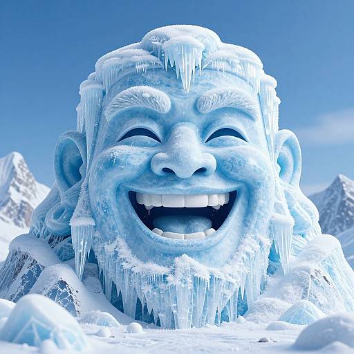 Photograph of a smiling, ice sculpture of a laughing gnome with detailed facial features, icicles on his head, and a clear blue sky background.