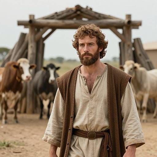 Photograph of a rugged, curly-haired bearded man in a beige tunic and brown vest, standing in front of a wooden barn with cows in