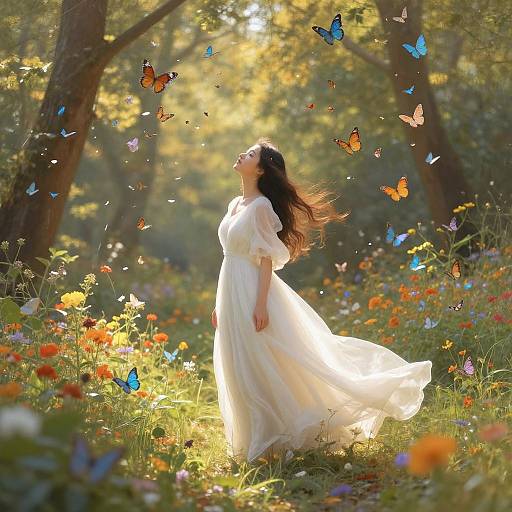 Photograph of a young woman with long dark hair in a flowing white dress, standing in a sunlit forest clearing, surrounded by colorful butterflies and vibrant