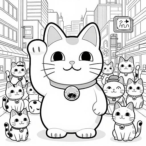Black-and-white digital drawing of a large, happy cat with a bell collar leading a group of smaller, smiling cats down a city street.