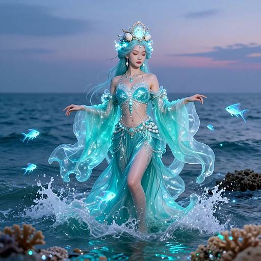 Digital artwork of a glowing mermaid with blue hair and translucent, bioluminescent dress, surrounded by glowing fish in a twilight ocean.