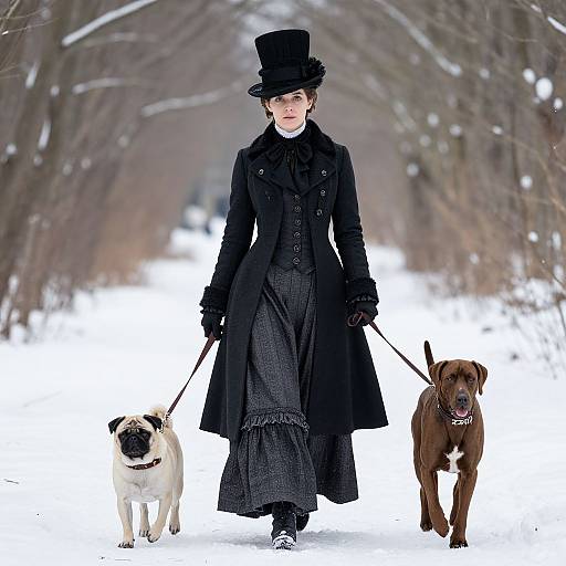 Victorian woman in black coat, top hat, and dress walks snow-covered path with white pug and brown dog, holding leashes.