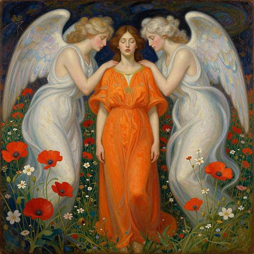 Digital painting of two ethereal, white-winged angels in flowing dresses, gently touching a serene woman in an orange dress, surrounded by red poppies