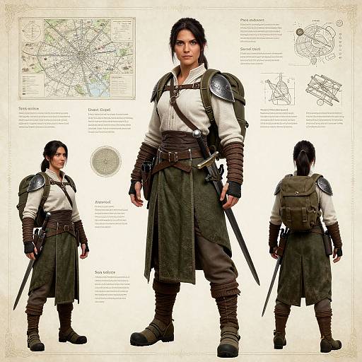 Digital character concept of a fierce, dark-haired warrior woman in medieval armor, featuring multiple views, map, and schematics background.