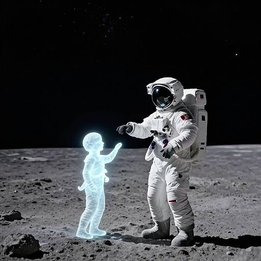 Photorealistic digital art: Astronaut in white spacesuit with helmet, standing on moon, interacting with glowing blue ghost-like figure against dark, star