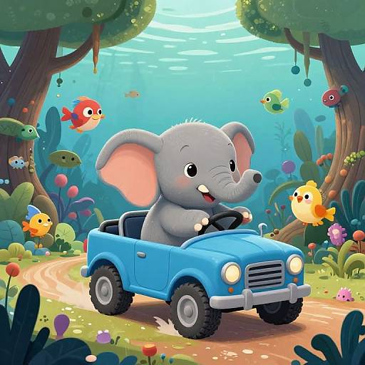 Cute cartoon elephant drives blue toy car through vibrant, underwater forest with colorful fish and lush greenery, sunny light filtering through.