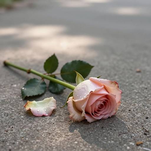 Photograph of a pink rose with dewdrops, partially open petals, and green leaves lying on a sunlit, textured concrete ground.