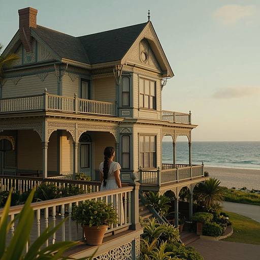 Photograph of a woman in a white dress standing on a Victorian-style, oceanfront porch at sunset, overlooking the beach and ocean.