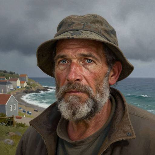 Photorealistic portrait of an older man with a gray beard, camouflage bucket hat, and brown jacket, standing by a stormy seaside with waves and