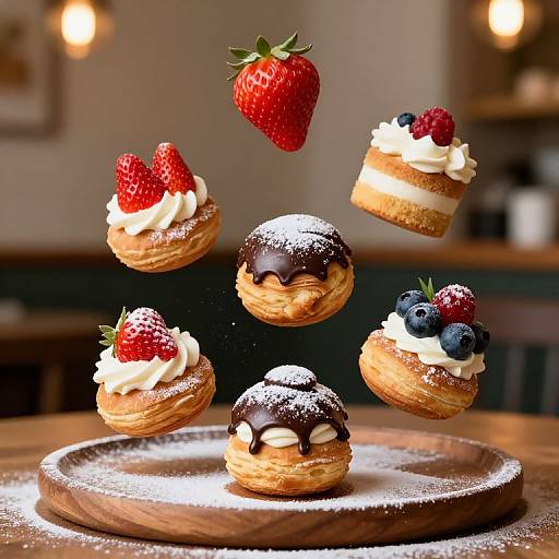 Photograph of five miniature desserts mid-air, each topped with different fruits and toppings, on a wooden plate with powdered sugar. Background: blurred café with