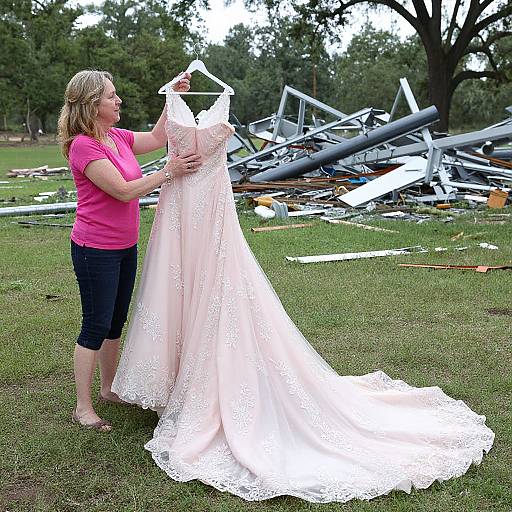 Photograph of a blonde woman in a pink shirt and black pants, holding a white lace wedding dress, standing on grass with wreckage in the background.