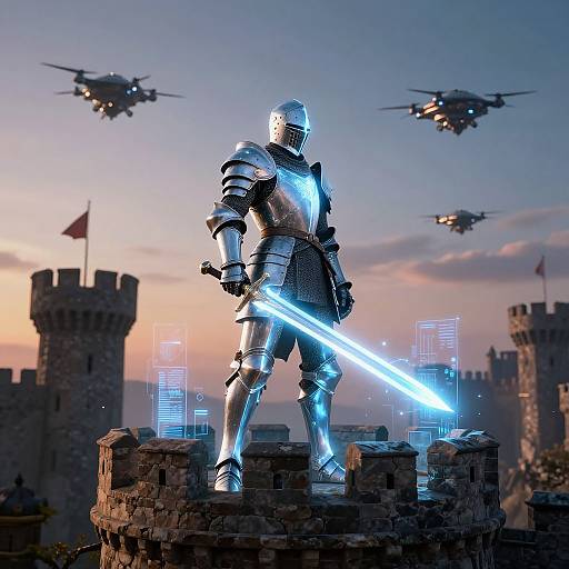 Digital artwork of a glowing blue-armored knight with a sword, standing on a ruined castle, surrounded by three helicopters at sunset.