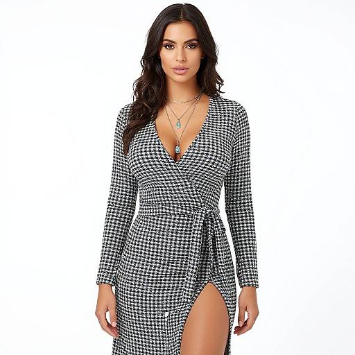 Photograph of a confident woman with long dark hair, wearing a black-and-white houndstooth dress with a deep V-neck and high slit,