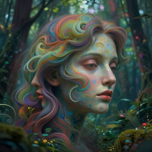 Digital fantasy artwork of a fair-skinned woman with swirling, multicolored hair, face painted with pastel patterns, in a mystical forest.