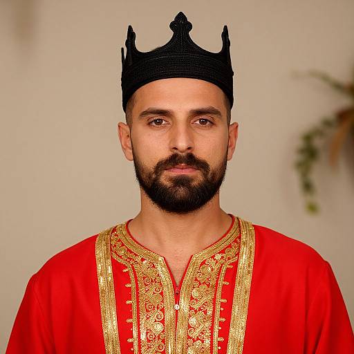 Photograph of a bearded man with medium brown skin wearing a black crown and a red robe with gold embroidery, set against a plain beige background.