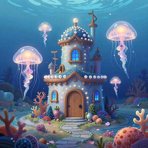 Whimsical underwater scene: colorful jellyfish illuminate a glowing, fairy-tale cottage adorned with lights, surrounded by vibrant coral reefs and marine plants.