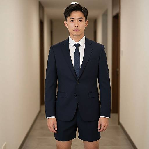 Photograph of an Asian man with short black hair, wearing a black suit, white shirt, and black tie, but no pants, standing in a