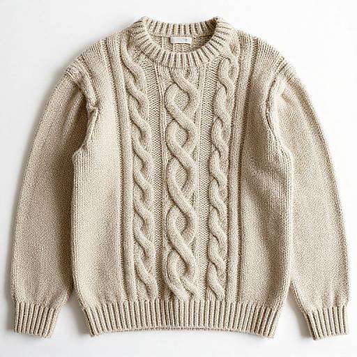 Photograph of a beige, chunky-knit, cable-patterned sweater with ribbed cuffs, collar, and hem, displayed on a white background