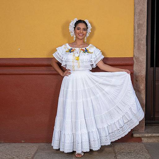 Photograph of a smiling Latina woman in a white, embroidered, traditional Mexican dress, with a floral headpiece, standing against a yellow and red wall