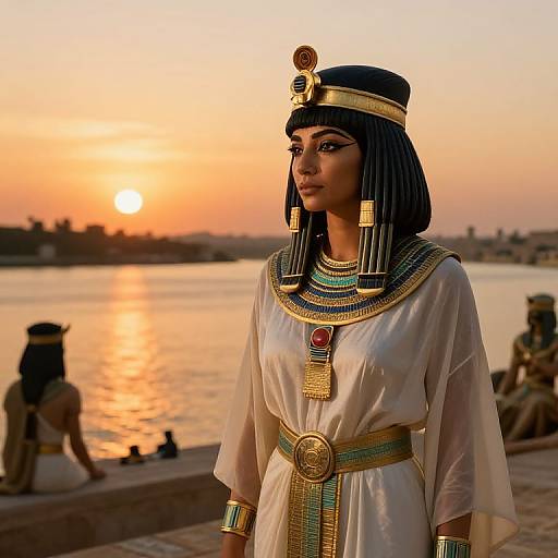 Digital artwork of an Egyptian woman in traditional attire, with black bob haircut and gold headpiece, standing by a sunset-lit river.