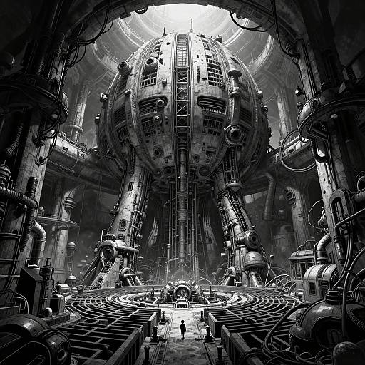 Black-and-white digital artwork of a massive, intricate, futuristic spaceship interior with towering machinery, spiral staircases, and tiny human figures.