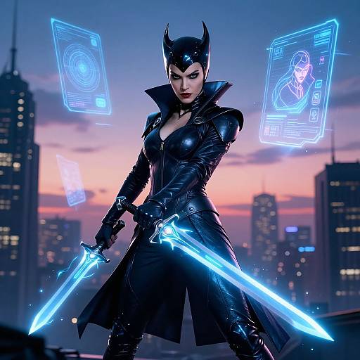 Digital artwork: Batwoman in black leather suit, cat-ear helmet, glowing blue swords, holographic cards, futuristic cityscape at sunset.