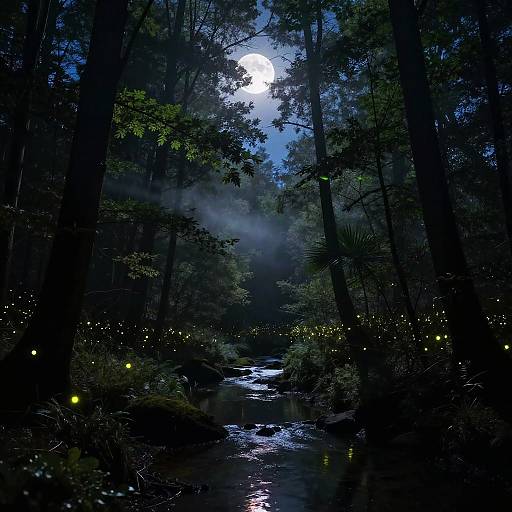 Moonlit Forest with Mist and Fireflies