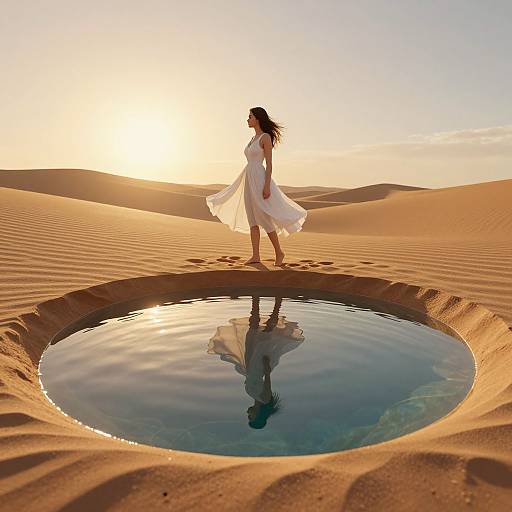 Photograph of a woman in a flowing white dress standing in a circular oasis in golden desert sand at sunset.