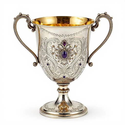 Photograph of an ornate silver cup with intricate floral engraving, purple gemstones, gold interior, and elegant curved handles.