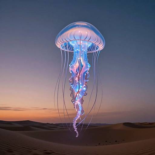 Photograph of a glowing blue and white jellyfish floating in a desert at sunset, with a gradient sky from orange to dark blue.