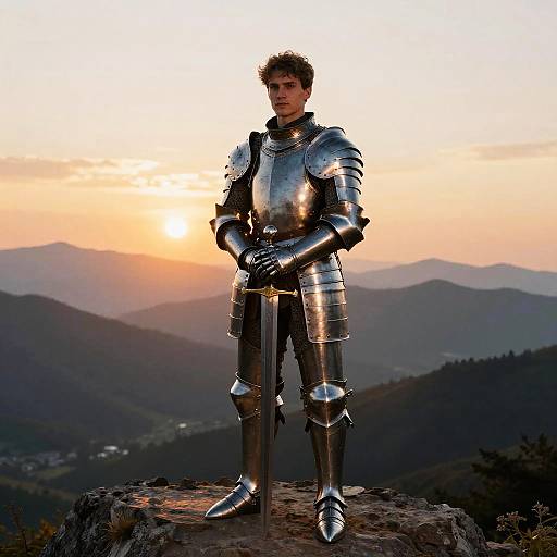 Photograph of a young man in shiny silver medieval armor standing on a rocky mountain peak at sunset, with layered mountain ranges and a colorful sky in the