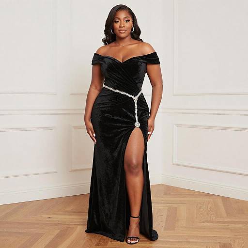 Photograph of a confident Black woman in an off-shoulder, black velvet gown with a thigh-high slit, wearing silver earrings and black strappy