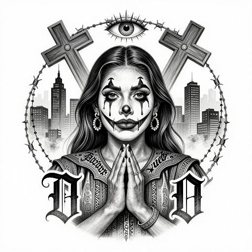 Chicano Art Mujer with Clown Makeup and Gothic Elements