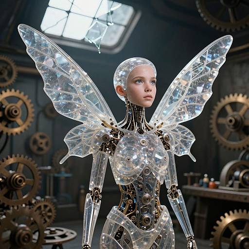 Photorealistic CGI of a transparent, winged humanoid robot with glowing internal lights in a dimly lit, gear-filled workshop.