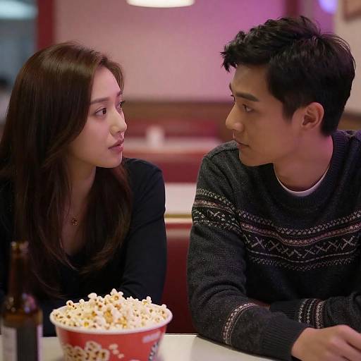 Photograph of an Asian couple in a dimly lit diner, gazing into each other's eyes while sitting at a table with popcorn and a beer