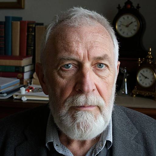 Photograph of an elderly man with white hair and beard, blue eyes, wearing a gray blazer over a checkered shirt, in a dimly