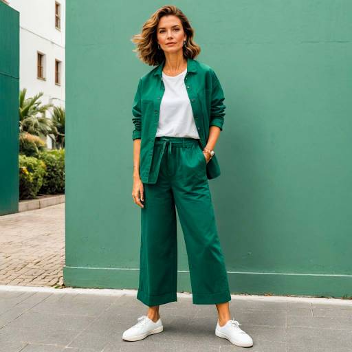 Woman in Viridian Green Wide-Leg Pants Outfit
