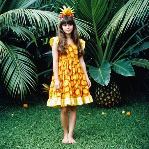 Girl in Pineapple Themed Dress with Tropical Hair Ornament