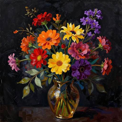 Vibrant floral still life: glass vase with yellow, orange, red, purple, pink flowers and green leaves against a dark background.