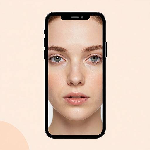 Photograph of a young woman's face displayed on a black smartphone, centered against a white background, highlighting her blue eyes, fair skin, and neutral