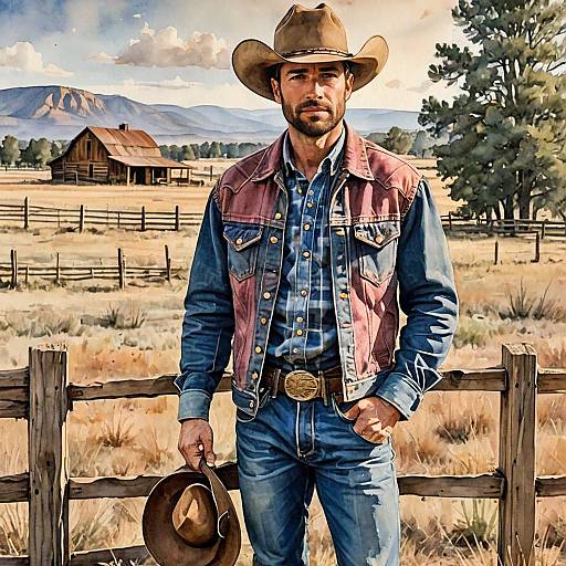 Rugged Cowboy in Denim Outfit Holding Hat