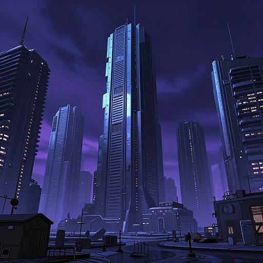 Cyberpunk cityscape at night, featuring towering neon-lit skyscrapers with blue and purple hues, surrounded by dark, shadowy buildings and