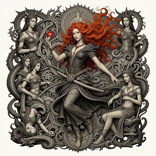 Digital artwork of a red-haired woman with intricate black armor and flowing dress, surrounded by five gray, ornate, serpent-like figures. She holds a